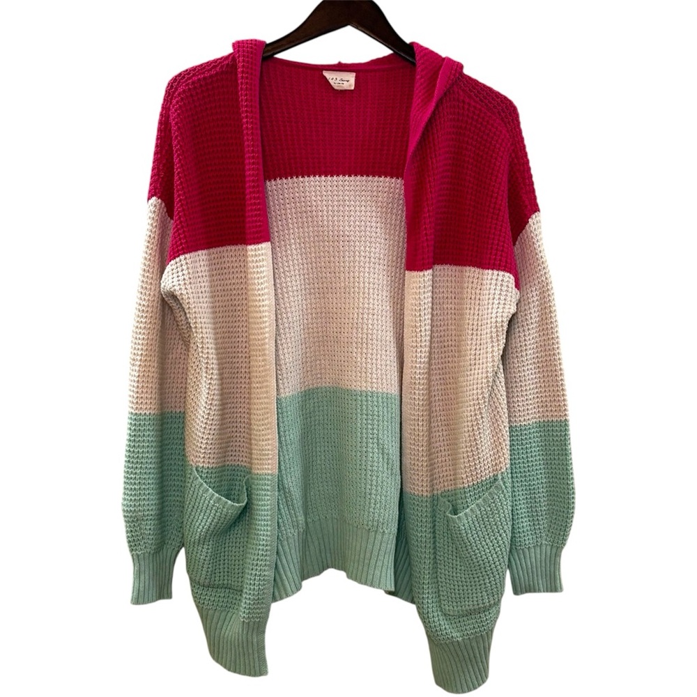1.4.3. Story by Line Up Tri-Color Hooded Knit Cardigan Pink Whiten Mint - Medium